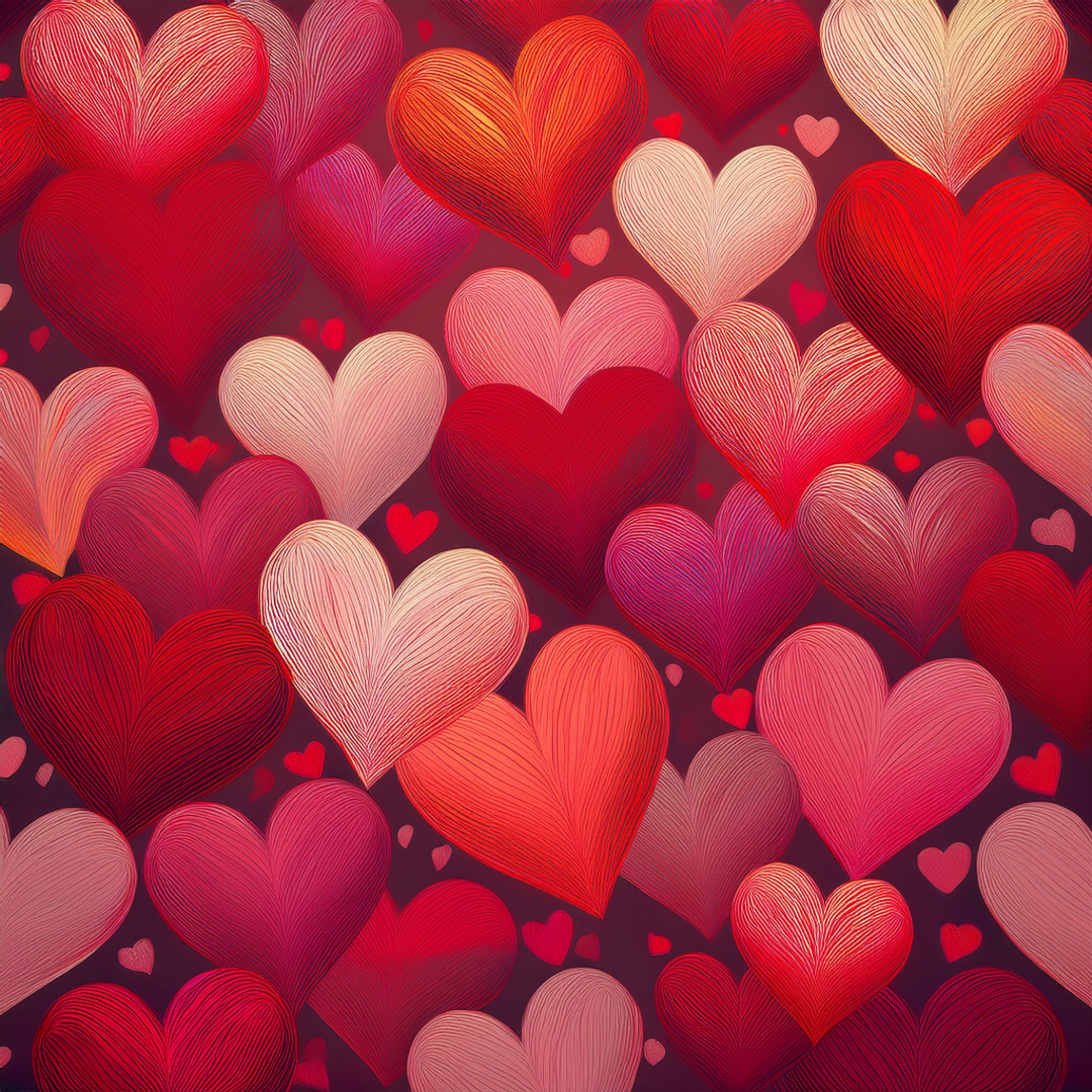 Pattern of red and pink hearts on a dark background
